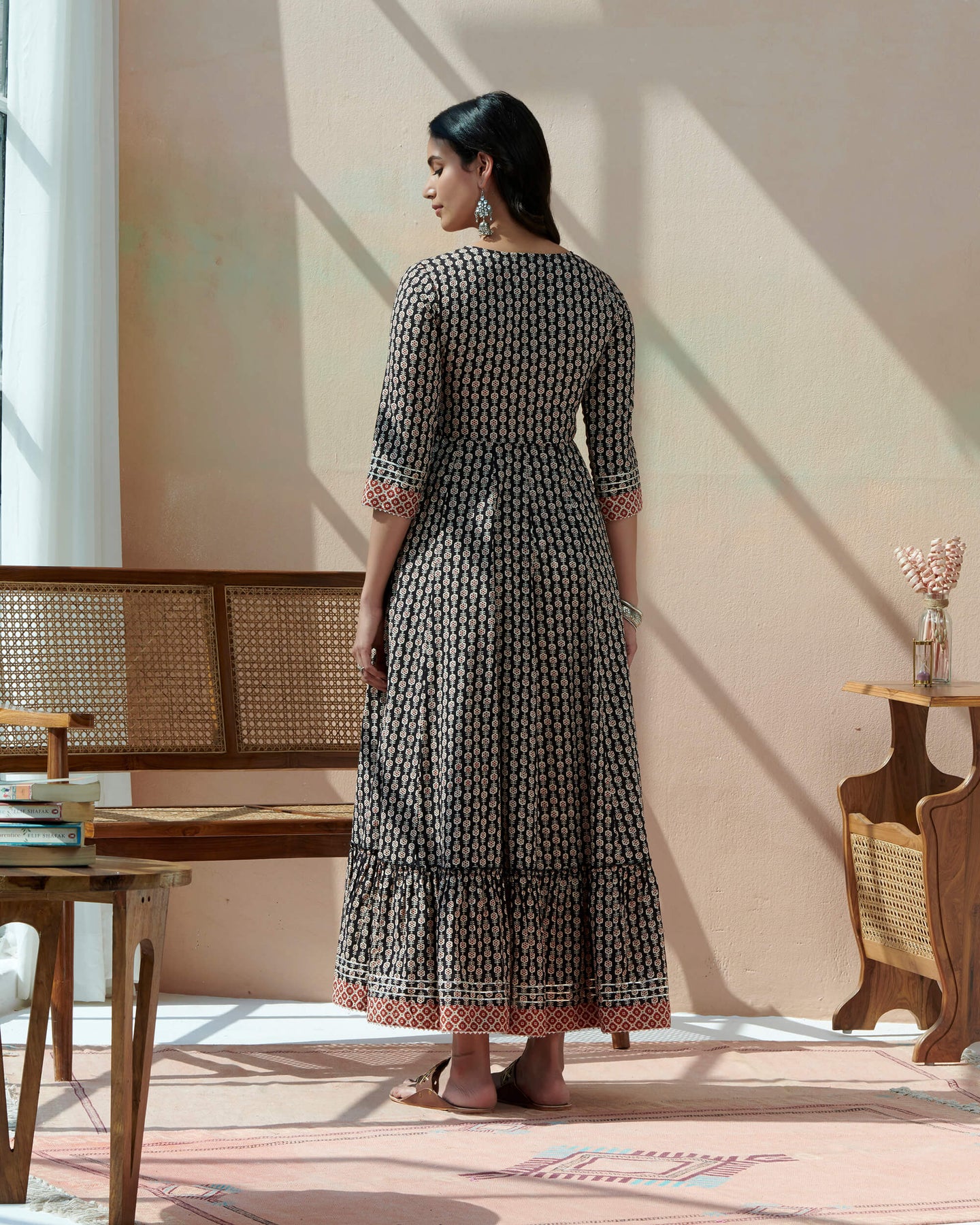 Hand Block Bagru Printed Tiered Dress With Emb At Yoke